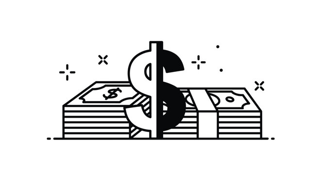 Stylized dollar sign icon, split in black and white, standing proudly on top of two neat stacks of currency, representing financial balance and prosperity.