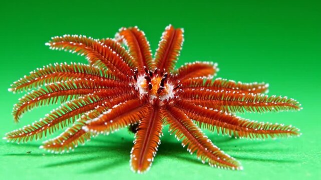 A multi-armed reddish-brown marine creature, possibly a brittle star or starfish, against a vibrant green background.