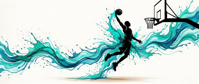 Abstract silhouette of a basketball player performing a slam dunk with flowing teal and aqua ink splashes on a clean white background.