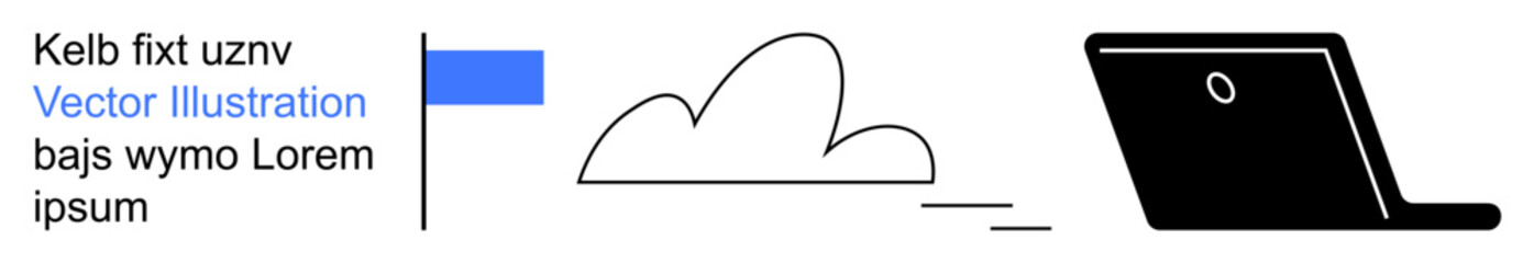 Cloud computing, digital storage, online connectivity, technology, data organization, remote access. Minimalist composition showing a cloud, laptop icon and placeholder text. Cloud computing