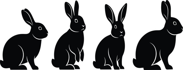 Black rabbit silhouettes set, jumping reindeer vector, songbird icons, swan waterfowl illustrations, nature wildlife elements isolated on white background, animal graphics. © Mdjoshel 