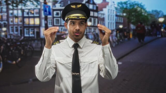 Pilot man adjusts captain hat with hands on head and tie visible, standing by bicycles at a canal edge street; confidence duty readiness.