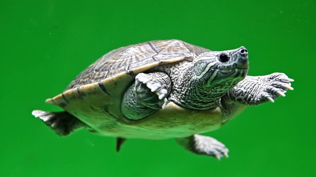 A detailed close-up shot of a turtle swimming gracefully underwater against a vibrant green background, showcasing its patterned shell and flippers.