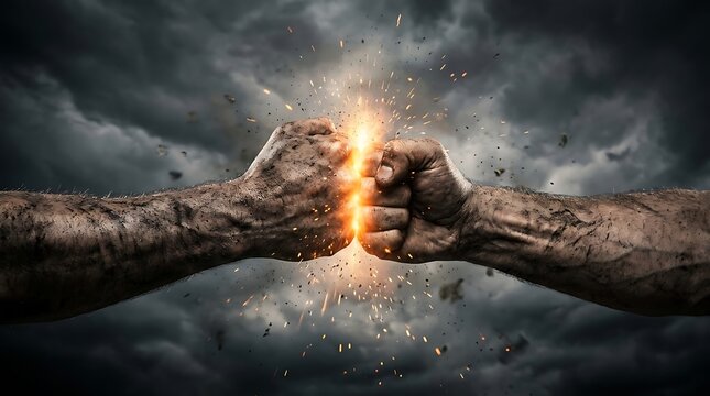 Two strong dirty fists colliding with sparks flying symbolizing power conflict and intense competition