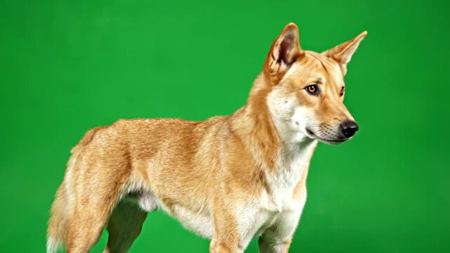 A dingo with light brown fur stands against a vibrant green background, looking to the right.