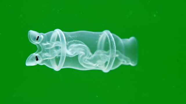 A translucent, gelatinous marine creature, possibly a salp, with visible internal structures, floating in green water.