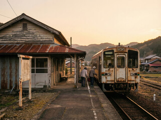 夕暮れの古い木造駅舎と、ローカル線に乗る高齢者。ノスタルジックな田舎の鉄道風景