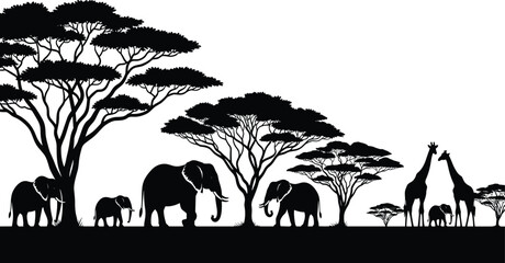 Black Silhouette of African Savanna Landscape with Elephants, Giraffes and Acacia Trees, Safari Wildlife Nature Scene Isolated on White Background © Mdjoshel 