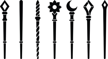 Black silhouette illustration of seven unique magic wands with fantasy designs including crescent moon, diamonds, spiral, and floral shapes, symbolizing mystical power and enchantment. © laizuAra