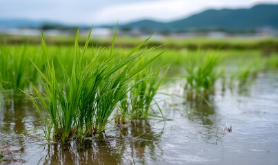 Fototapeta premium rice seedlings in the rice field, neatly arranged and growing well, with green leaves that have just sprouted