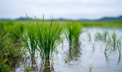 Naklejka premium rice seedlings in the rice field, neatly arranged and growing well, with green leaves that have just sprouted
