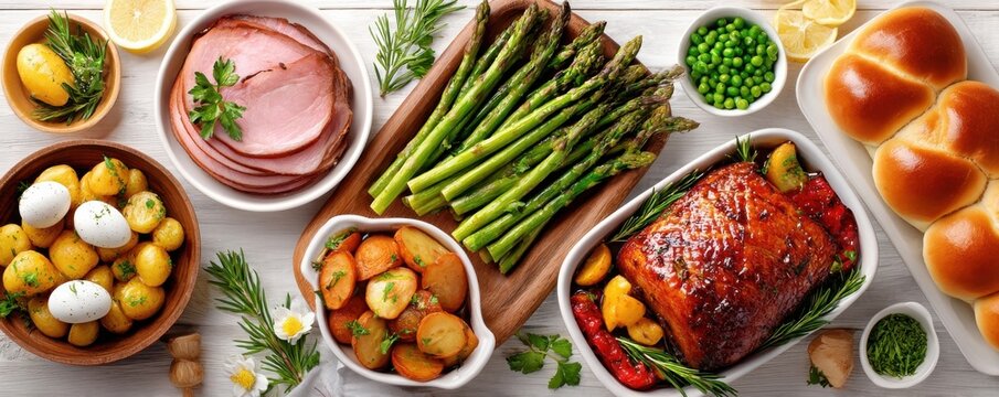 Beautifully arranged Easter feast with glazed ham, roasted vegetables, asparagus and braided rolls