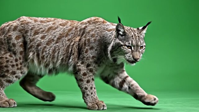 A lynx with spotted fur and tufted ears walks on a vibrant green background, showcasing its wild beauty.