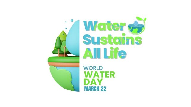 World Water Day 4K video animation, March 22nd World Water Day animated video concept with white background