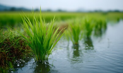 Obraz premium rice seedlings in the rice field, neatly arranged and growing well, with green leaves that have just sprouted