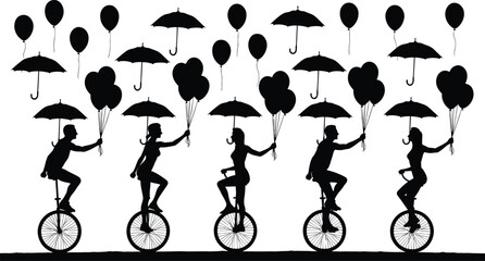 Black-and-white silhouette illustration of five people riding unicycles holding balloons and umbrellas, symbolizing balance, motion, surreal whimsy, celebration, and creative artwork design projects © laizuAra
