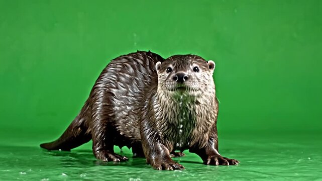 A wet brown otter stands on a damp surface against a bright green background, looking directly at the viewer.