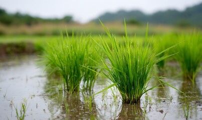 Obraz premium rice seedlings in the rice field, neatly arranged and growing well, with green leaves that have just sprouted