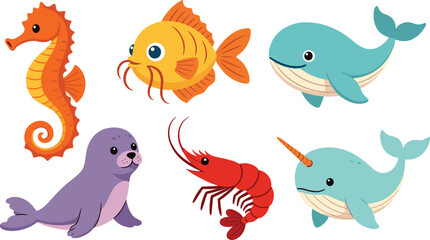 Cartoon aquatic animals including seahorse, fish, whale, seal, shrimp, and narwhal with colorful designs, perfect for marine life education, children’s artwork, and creative projects © laizuAra