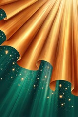 Fototapeta premium Radiant light beams shining through gold curtain over dark green sparkling background for magical abstract design