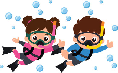 Cartoon children scuba diving underwater with colorful suits, masks, snorkels, and flippers surrounded by bubbles, playful adventure illustration for marine life, exploration, and educational design  © laizuAra