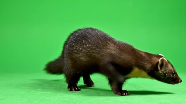 A dark brown marten with a yellow chest patch stands on a vibrant green background, looking right.