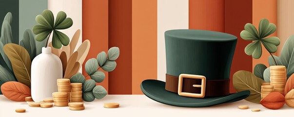 Fototapeta premium St. Patrick's Day leprechaun hat with gold coins, shamrocks and autumn foliage backdrop