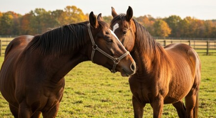 Fototapeta premium Two brown horses nuzzle in a field, sunlight dappling through autumn trees