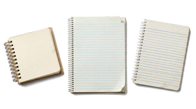 group of three assorted notebooks, including a small unlined notepad and two lined spiral notebooks, isolated on a transparent background.