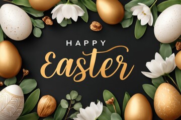 Fototapeta premium Happy Easter banner with golden eggs, white flowers and green leaves on dark background