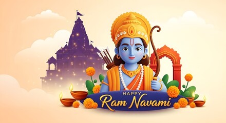 Naklejka premium Happy ram navami festival illustration with lord rama and temple in background