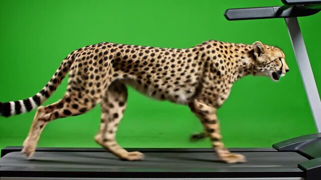 A cheetah running on a treadmill in front of a green screen background.