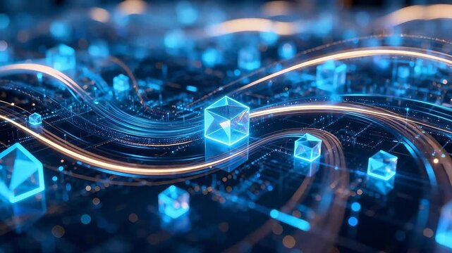 Abstract digital network with glowing cubes