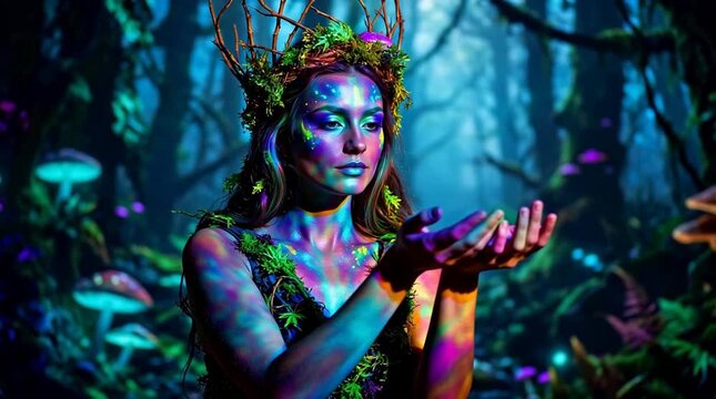 Enchanting forest nymph with bioluminescent body paint and crown of branches