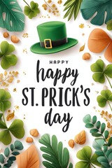 Fototapeta premium Happy St. Patrick's Day greeting with green leprechaun hat and shamrock leaves