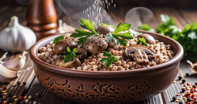 A steaming bowl of buckwheat with mushrooms and herbs on a rustic wooden table