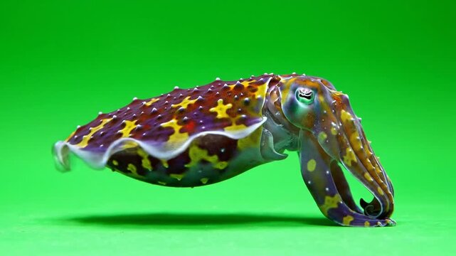 A vibrant cuttlefish with intricate patterns and undulating fins against a bright green background.