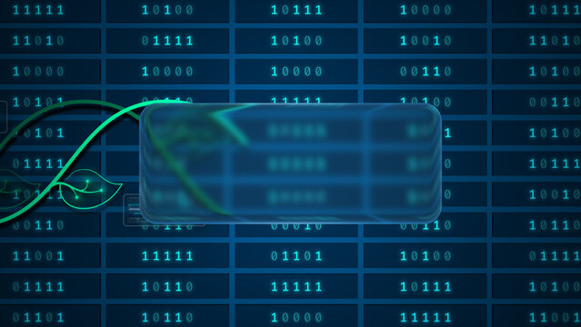 Glowing plant circuit flowing across binary server grid with glassmorphism panel, seamless loop