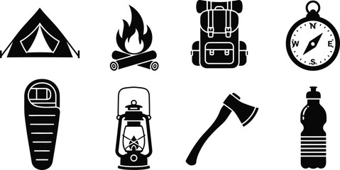 Camping equipment icons set with tent, backpack, campfire, compass, lantern, axe, sleeping bag, and water bottle © vector design
