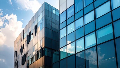 Modern office building skyscraper with a blue sky reflecting in the glass windows of a corporate urban facade