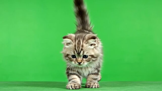 A fluffy tabby kitten with a striped tail walks forward on a vibrant green background.