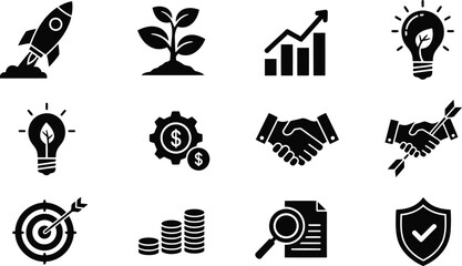 Obraz premium Business Growth and Success Icon Set – Black Silhouette Vector for Finance, Startup, and Strategy