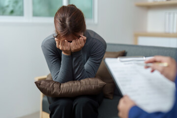 Mental Wellness. Woman shows distress during a health consultation.
