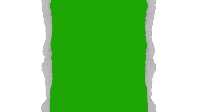 Vertical torn paper reveal with greenscreen, chromakey, transition, paper, background effect. Ripped edges animation ideal for editing overlays, titles, social media videos.