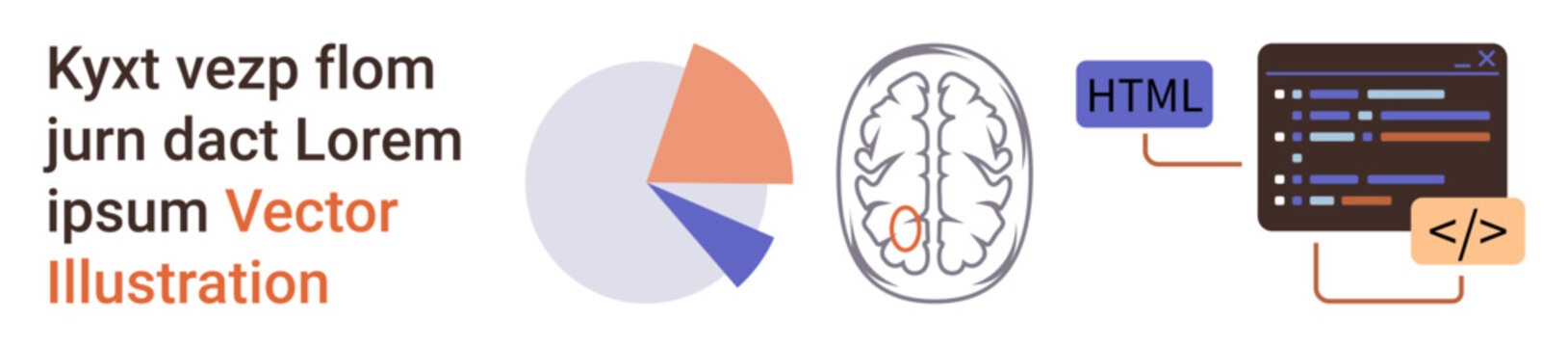 Data analysis, neuroscience, programming, technology concepts, research visuals, digital education. A pie chart, brain illustration and code editor interface. Data analysis and neuroscience