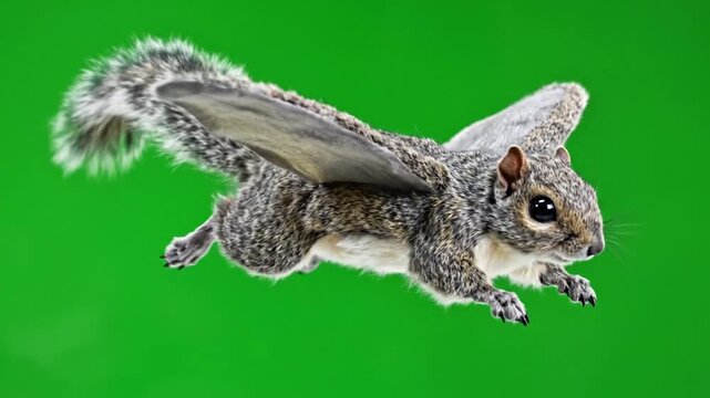 A grey squirrel with wings flying against a vibrant green background, showcasing a whimsical creature in mid-air.