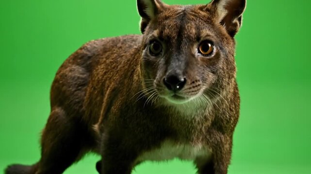 A small, brown, cat-like mammal with large eyes stands against a vibrant green background, looking directly at the viewer.