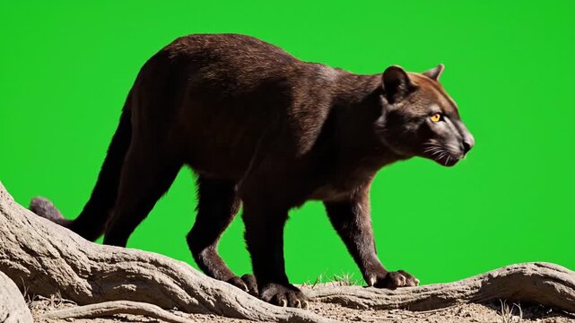 A dark-furred jaguarundi walking on a tree branch against a vibrant green screen background.