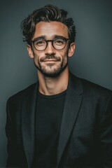 Obraz premium Confident young man in black blazer and eyeglasses standing in light gray studio, modern portrait conveying creativity, intelligence, and professionalism