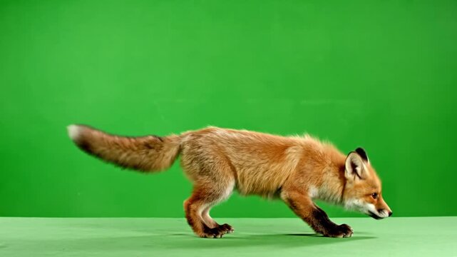 Red fox with bushy tail walking cautiously on a green background, captured in a studio setting.